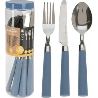 12er-Set Camping-Besteck Messer Gabel Löffel - Blau, Braun, Beige