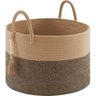 Großer geflochtener Wäschekorb 65 Liter Aufbewahrungskorb Decken Spielzeugkorb für Wohnzimmer Kinderzimmer Aufbewahrungskorb Wäsche-Sammler 50 x 33 cm (Jute und Schwarz) mit GRATIS Versand