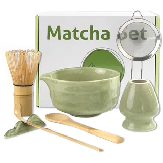 Matcha Set Grün 7-teilig, Bambus Schneebesen, Schale mit Ausgießer