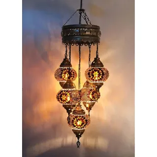 5-flammige türkische Hängelampe aus braunem Mosaikglas - orientalische Deckenleuchte mit 5 Kugeln - Braun