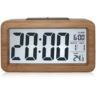 GOMETY Wecker aus Holz Digital, mit Großem LCD-Display, Klein Tischuhr mit Datum, Teperatur Anzeige, Nachtlicht, Uhr mit Snooze Moduls für Schlafzimmer Büro