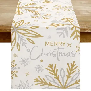 Weihnachtstischläufer 33 x 183 cm Beige, Tischläufer Weihnachten mit Grau Gold Schneeflocken und Sterne Muster, Weihnachtstischdecke Modern Winter Innen für Tischdeko Weihnachten