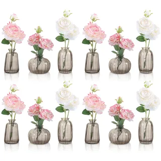 12 Stück Mini-Glasvase 3 Styles kleine Blumenvase Glas Knospe Vase Set für Tischdekoration Home Decor, Rosa(Grau)