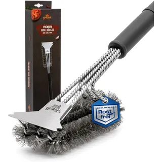 grillart® Premium Grillbürste mit Edelstahlschaber 3in1 – Flexible Grillbürste mit 3-fachem Borstenkopf für schnelle, gründliche Reinigung – ideal für Gas-, Kohle- und Smokergrills, 30cm Langer Griff