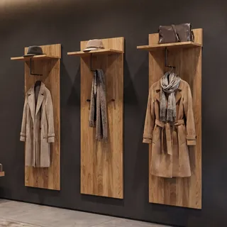 MCA 3er-Set Garderobenpaneel HWC-P55, Wandgarderobe Garderobe, Massiv-Holz Ablagefläche Haken, Eiche