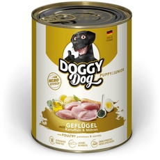 DOGGY Dog Paté Geflügel Puppy/Junior, 6 x 800 g, Nassfutter für junge Hunde, getreidefreies Welpenfutter mit Lachsöl und Grünlippmuschel, Hundefutter mit Kartoffeln und Möhre, Made in Germany