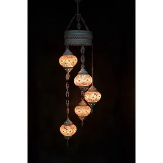 Hanglampe aus rosa Glas mit 5 bunten Mosaik-Kugeln, marokkanische Deckenleuchte im anatolischen Design