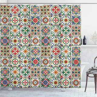 ABAKUHAUS marokkanisch Duschvorhang, Dekorative abstrakte Blatt, Stoffliches Gewebe Badezimmerdekorationsset mit Haken, 175 x 220 cm, Rot Blau