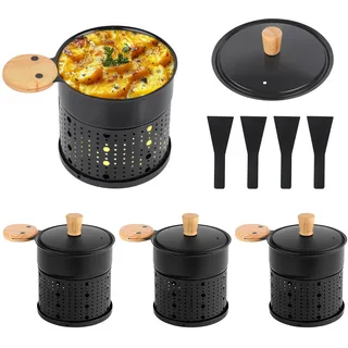Zalava 4 Stück Mini Raclette Grill Set, Teelicht Raclette antihaftbeschicht, Raclette Teelichtofen, Antihaft-Grill-Pfännchen zum Schmelzen Von Käse, Schokolade, Kerzenraclette Käsefondue mit Schaber