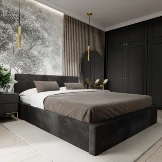 Muralo POLSTERBETT für Schlafzimmer Polsterbett mit Bettkasten Bett mit Polsterkopfteil Doppelbett 140x200 Bett mit Stauraum Schwarz - Schwarz