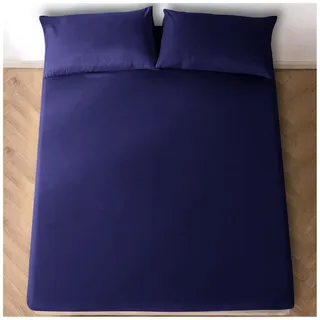 Spannbettlaken für Doppelbett, 25 cm Tiefe Tasche, Polycotton, elastische Ecken, Bettlaken für Doppelbett (135 x 190 cm), waschbares Leinen, Marineblau