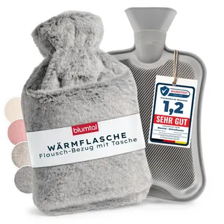 Blumtal Premium Wärmflasche mit Bezug & Tasche flauschig - Wärmeflasche aus verwendungssicherem Naturkautschuk mit Flauschbezug - auslaufsichere Bettflasche mit Innenfutter - Hot Water Bottle Grau