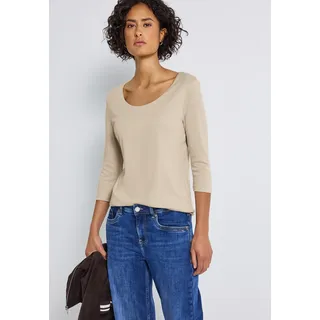 3/4-Arm-Shirt STREET ONE "Style Pania", Damen, Gr. 42, beige (cotton beige), Jersey, Obermaterial: 50% Baumwolle, 50% Modal. Futter: 100% Baumwolle, unifarben, slim fit hüftlang, Rundhals, abgesteppt, Shirts 3/4-Arm-Shirt, im Basic-Style, mit Rundhals, Topseller