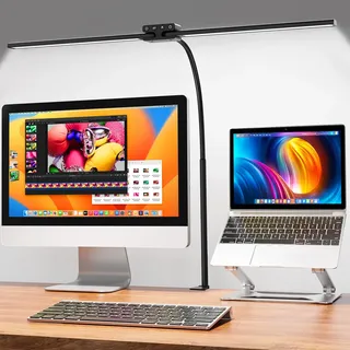 EppieBasic 24W Doppelkopf Schreibtischlampe LED Dimmbar, 80cm Groß Schreibtischlampe Klemmbar mit Touch, Augenschutz Schwanenhals Büro Tischlampe, Monitor Lampe, Arbeitsplatzleuchte, Timer - Schwarz