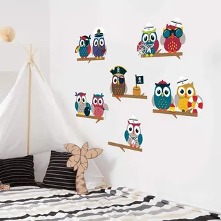 Ambiance Sticker Wandaufkleber-Dekorationsklebstoffe Piraten-Eulen auf Zweigen Wandtattoo für Baby, Kinderzimmer und Wohnzimmer - H70 x L50 cm