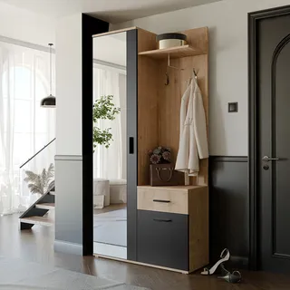 Garderobenschrank LEA mit Schuhschrank Garderobenständer und Spiegel für den Flur Artisan Schwarz Haken Schuhregale Kleiderständer 97x195x30 cm - Schwarz