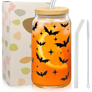 Halloween Becher, Halloween Gläser, Trinkbecher mit Deckel und Strohhalm, 500 Ml, Seltsames Fledermausmuster, Wiederverwendbar, Geeignet für Party, Bar, Familienfeier, für Kaffee, Getränke, Saft usw