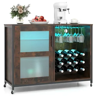 FANTASK Barschrank, Weinschrank mit LED-Beleuchtung, Rollen, verstellbaren Regalen, Glashalter Flaschenhalter, Sideboard Küchenschrank industriell für Esszimmer Wohnzimmer