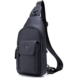 BULLCAPTAIN Herren-Umhängetasche, Leder, Schultertasche, lässiger Tagesrucksack, Brusttaschen für Reisen, Wandern, Rucksäcke, Schwarz