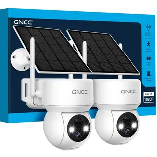 GNCC Solar Überwachungskamera Aussen Akku, 1080P Kamera Überwachung Aussen Solar, WLAN Kamera Outdoor mit PTZ, PIR Bewegungsmelder, Farbnachtsicht, 2-Wege-Audio, 2.4 GHz, 2 Stück