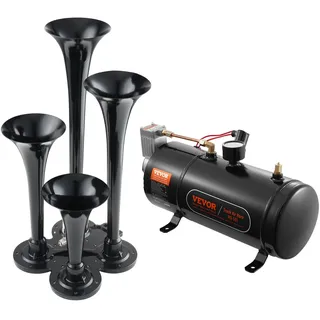 Vevor Zughupen-Set, 4 Trompeten-Lufthupen-Set, 150 dB Zughupen für Pickup-Trucks, 12 V 120 psi Luftkompressor, 3 L Tank mit Manometer für jedes 12 V Fahrzeug, Auto, LKW, Zug, Van, Boot usw. Schwarz