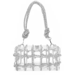 DJBM Clutch, Acryl, transparent, glitzernd, Strass, Abendtasche, Glitzer, Kristallverzierung, Seilknoten, Handtasche, Geldbörse für Party, Abschlussball, Silber a