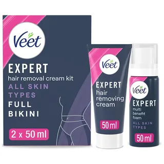 Veet Expert Haarentfernungs-Set, Haarentfernungscreme, Alle Hauttypen für Bikini & Intimbereich, 2x50 ml