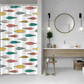 ASDCXZ Fisch Duschvorhang 120x180 cm, Gelb Grün Rot Ozean Bunt Fisch Anti-schimmel Bad Waschbar Schmal Duschvorhänge Polyester Textil Wasserdicht Duschvorhang für Badewanne mit 8 Haken