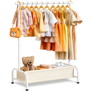 MISSLO Kleiderständer Kinder mit Korb, Klein Kleider Aufbewahrung Kleiderstange für Kleinkinder, Schwerlast Garderobenständer für Baby Kleidung, Weiß