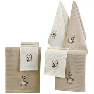 Foutastic Hochwertiges Küchenhandtuch-Set (6-teilig), 100% Baumwolle, Bestickt, 40 x 60 cm | Maschinenwaschbar bei 30 °C, bügelbar | Elegantes Beige für Speisen und Getränke