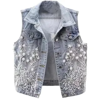 OFFSUM Damen Jeansweste - Mode Perlen Blume Bestickt Frühling Sommer Ärmellose Jacke Einreihige Große Größe Gebrochene Loch Weste