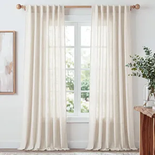 DANCE – Halbtransparente Leinen-Vorhänge für das Schlafzimmer – Voile und Landhausvorhänge mit Lichtfilter für das Wohnzimmer, modern – 2 Stück - Beige