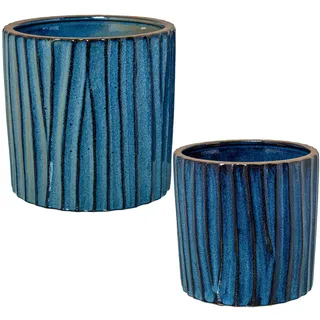 DRW Set mit 2 Blumentöpfen aus Keramik mit Streifen in Blau lackiert, 18 x 18 x 18 cm