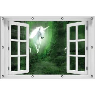 Wallario Outdoor-Poster für Garten oder Balkon 80 x 120 cm: Weißes Einhorn im grünen Wald - Grün