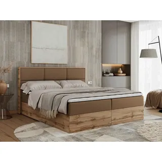 MKS Meble Boxspringbett, Doppelbett mit bettkasten und Multipocket-Matratze, Polsterbett mit Kopfteil, Eiche Holzrahmen - Albero-2 - 200x200cm - Braun Kunstl... - Braun