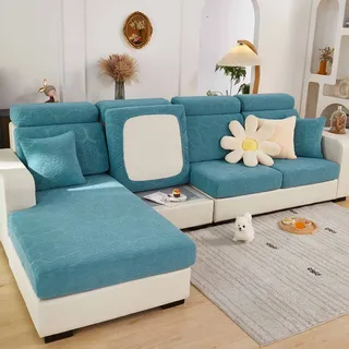 ShowyLive 2023 Neue Sofa Sitzkissenbezug Stretch Sitzkissenschutz für 3 Sitzer Sofa, Stretch Sitzkissenschutz für Sofabezug Ecksofa L Form (1 Stück, Blätter hellblau)