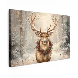 MuchoWow Leinwandbild Weihnachten - Rentier - Winter - Kranz Wanddeko 90x60 cm , Textil , Rechteckig , 90x60 cm , FSC 100% , gerahmt , Bilder & Rahmen, Bilder, Leinwandbilder