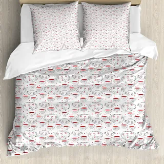 ABAKUHAUS Tee-Party Bettbezug, Doodle Stil Geschirr, Milbensicher Allergiker geeignet mit Kissenbezügen, 200 cm x 200 cm - 80 x 80 cm, Rot Schwarz Weiß - Rot