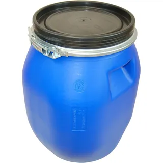 plasteo® 30 Liter Deckelfass Weithalsfass mit Spannverschluss Futtertonne Plastikfass Lagerfass Campingfass Transportfass Maischefass Regenfass - Blau