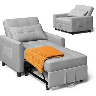 Bealife 3-in-1 Schlafsessel mit Liegefunktion – Ausziehbarer Relaxsessel mit Kissen & Stauraum AR24– Für kleine Wohnung (Hellgrau) - Grau