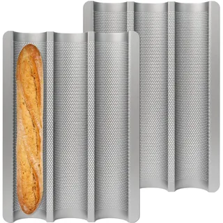Pilikoll 2 Stück Baguette Backform mit Antihaftbeschichtung Baguette-Backblech für 3 Baguettes Brötchen Backform aus Karbonstahl Brötchen Backform für Stangenbrote,Baguetteform,Brotbackform (38x27cm)