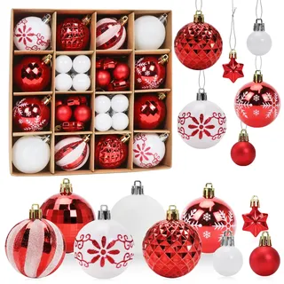 Weihnachtskugeln Rot Weiß, 44 Stück Christbaumkugeln Kunststoff Set, Weihnachtsdeko Kugeln Stern, Christbaumschmuck Große & Kleine, Weihnachtsbaumschmuck Weihnachtsbaum Deko