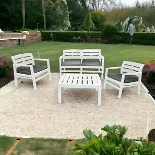 Dmora - Outdoor-Lounge-Set Massa, Gartenkomposition mit 2 Sesseln, 1 Sofa und 1 Couchtisch, Lounge für drinnen und draußen mit Kissen, 100% Made in Italy, Weiß