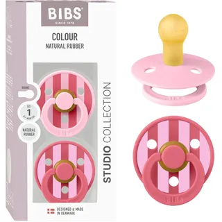 BIBS Colour Studio Schnuller 2er-Pack. BPA-frei. Kirschform Nippel. Naturkautschuk/Latex. Hergestellt in Dänemark. Größe 1 (0-6 Monate). Block Baby Pink Coral