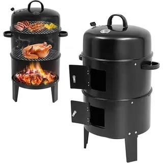 Räucherofen 3 in 1 BBQ Smoker Grill Holzkohlegrill Räuchertonne Räuchergrill mit Deckel & Thermometer, Gartengrill Rundgrill Grilltonne ? 40 cm 3 Etagen Barbecue Smoker - Schwarz