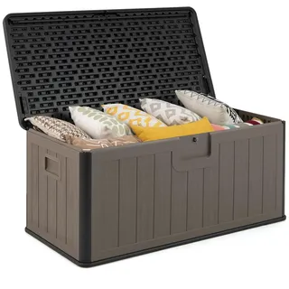 COSTWAY Gartenbox 378 L, Auflagenbox Wasserdicht für Garten mit Abschließbarem Deckel, Aufbewahrungsbox für Kissen & Gartengeräte, Kissenbox Outdoor für Terrasse, Balkon, Garten (Schwarz+Braun)