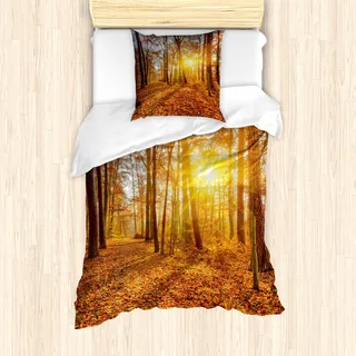 ABAKUHAUS Wald Mantele, Foggy Sonnenuntergang Sunbeams, Milbensicher Allergiker geeignet mit Kissenbezügen, 135 cm x 200 cm - 80 x 80 cm, Orange Braun Gelb - Orange