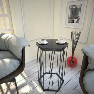 Hanah Home Industrial Side Table with Metal Legs, Marble & Black Finish, 40 x 62 x 35 cm | 100% Melamine Coated Particle Board, 18 mm Thick | Perfect for Hotel & Modern Spaces