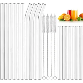 Annvchi Glasstrohhalme Wiederverwendbar 20 Stück - 6 Kurze + 6 Lange Gerade + 4 Gebogene Strohhalm Glas + 4 Reinigungsbürsten, Geeignet für Bubble Tea, Slush, Cocktail, Säfte