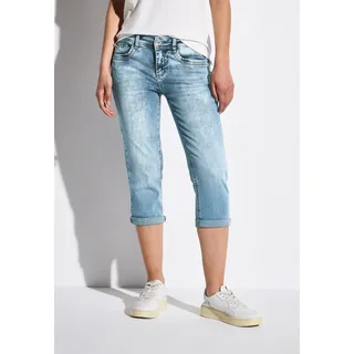 3/4-Jeans STREET ONE "Style Crissi", Damen, Gr. 27, N-Gr, blau (medium blau random acid), Denim/Jeans, Obermaterial: 89% Baumwolle, 8% Polyester, 3% Elasthan, unifarben, slim fit 3/4-Länge, Jeans 3/4-Jeans, mit Glitzer-Detail